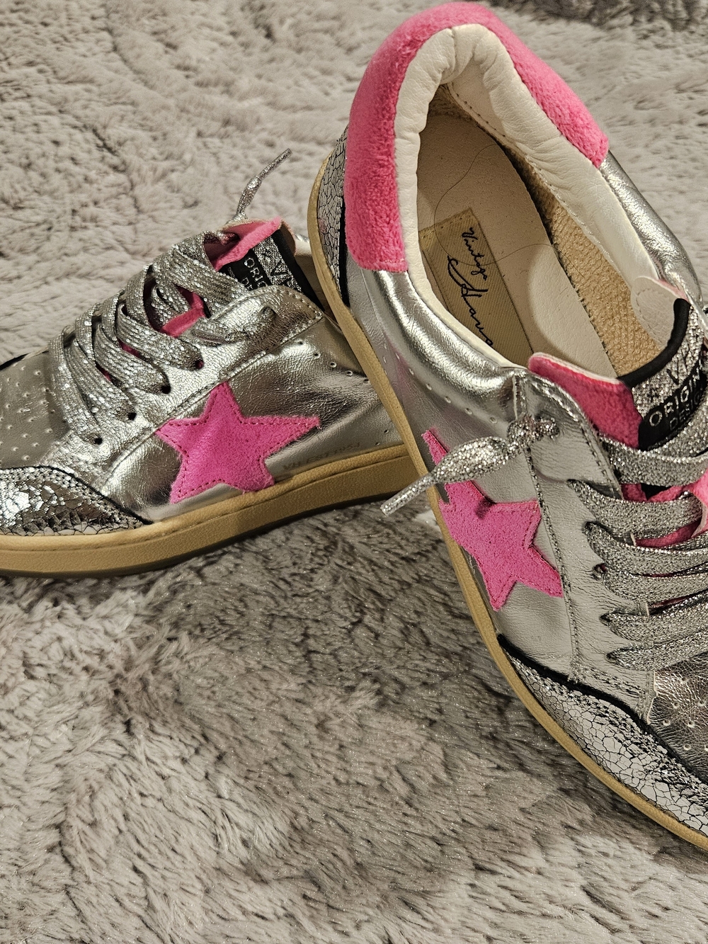 Vintage Havanna Silver Metallic Sneakers with Hot Pink Star Accent